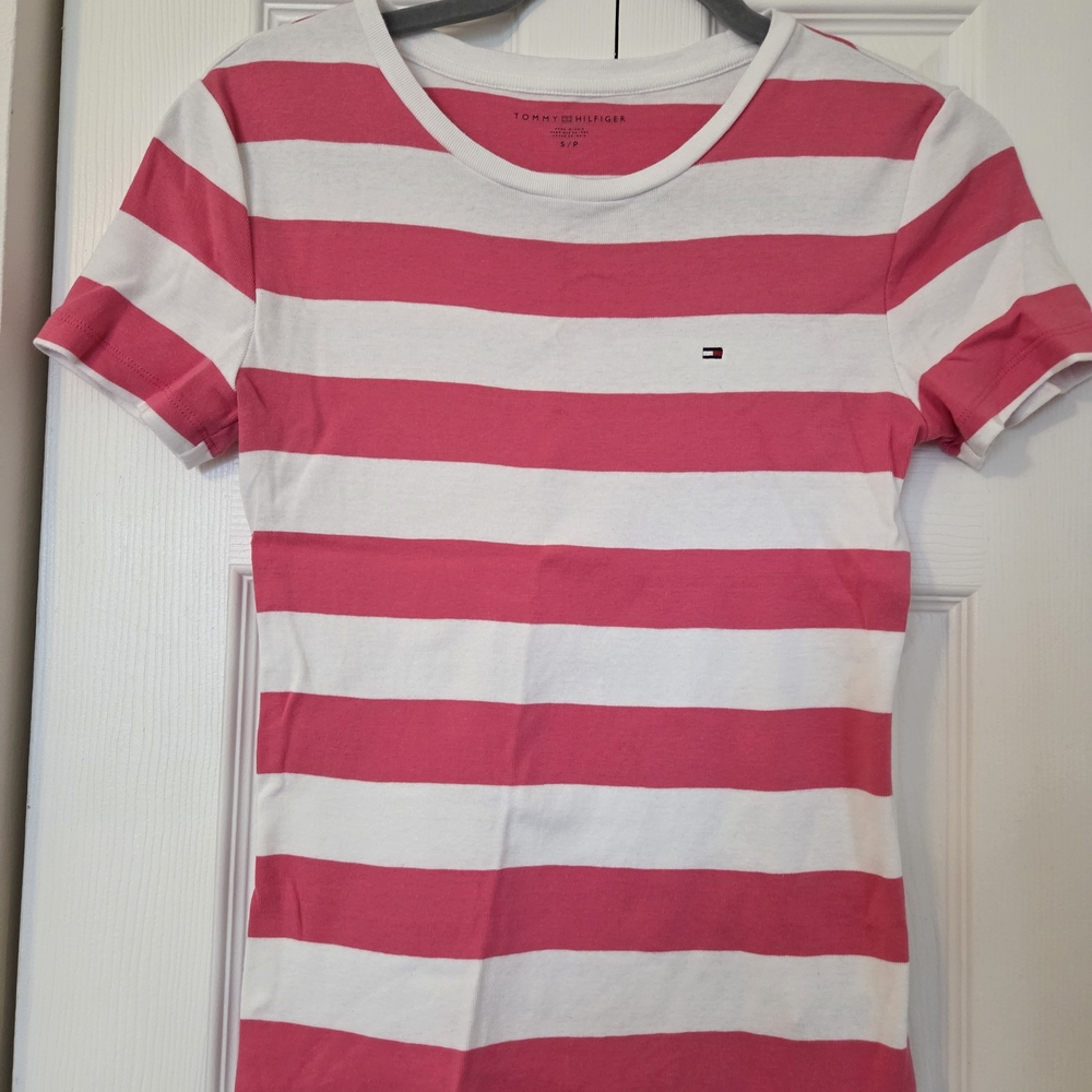 Tommy Hilfiger Pink and White Striped T-Shirt